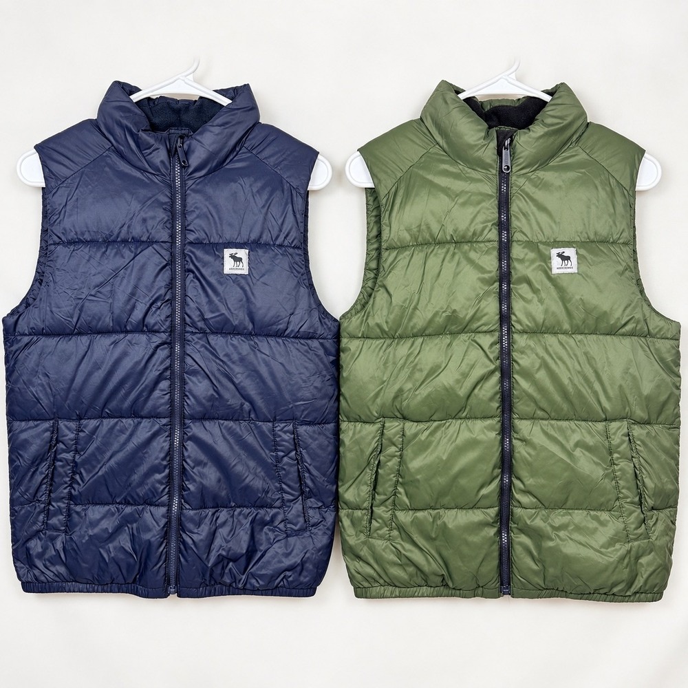 Abercrombie Kids Boys Puffer Vest Lot 2 Size 13/14 Navy Blue Olive Green Quilted